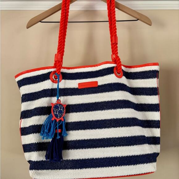Vera Bradley Navy and White Stripe Large Tote Bag with Turtle Charm / Keychain - Picture 3 of 12